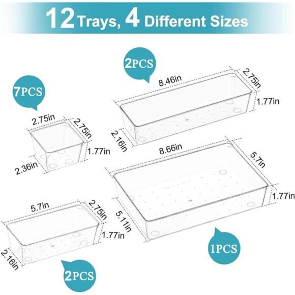 Clear Drawer Organizer Set 12 Plastic Storage Bins Kitchen Bathroom Desk - Picture 2 of 7